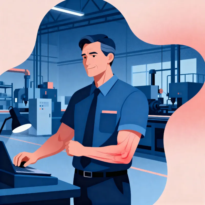 homme-trouble-musculo-squelettique-1 Représentation d'un homme avec un Trouble musculo squelettique au coude devant une console de commande dans un atelier (industrie)